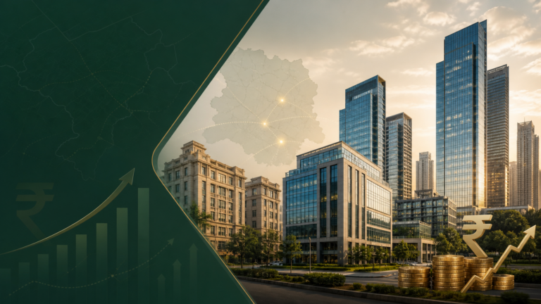 Commercial property investment in Delhi NCR featuring office towers, investment symbols and growth corridors